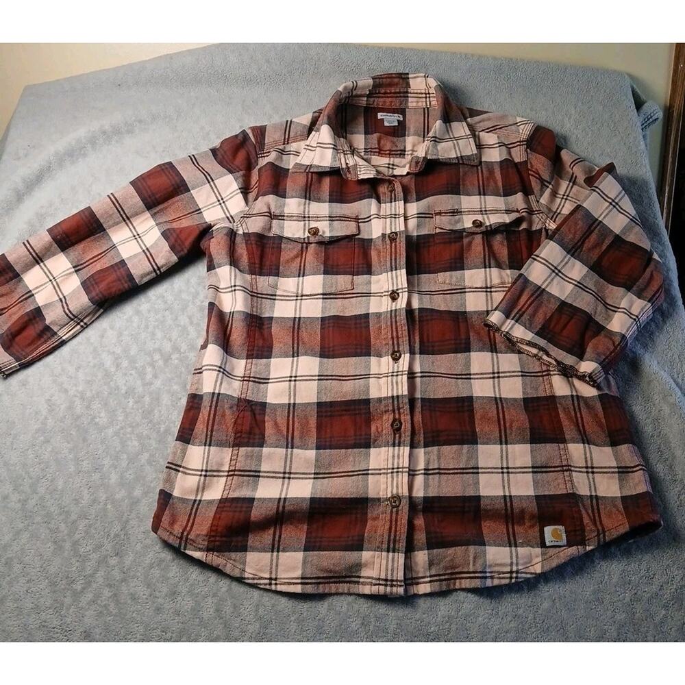 Carhartt Womens Flannel 3/4 Sleeve Pink And Red Checks Button Pockets Size Large